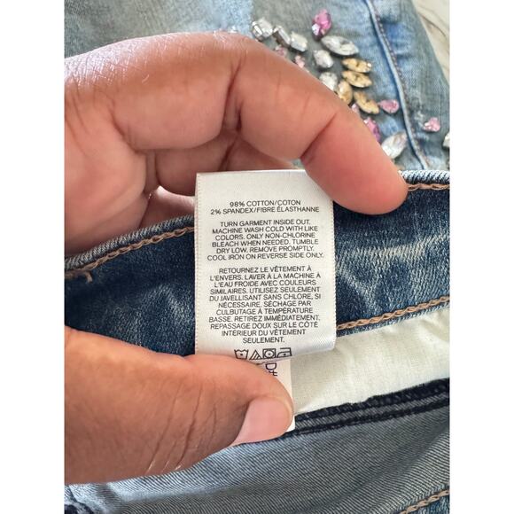 Express Women’s Size 6 Embellished Denim Mini Skirt y2k Glam Bejeweled Festival - Picture 4 of 7